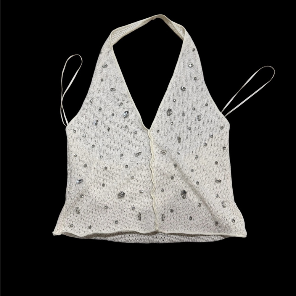 Zara Cream Halter Camisole with Beaded Embellishments - Picture 2 of 5